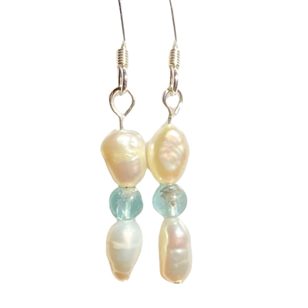 Hand Crafted Earrings White Pearls & Apatite .925 Silver Dangle Long Pierced - Picture 3 of 5